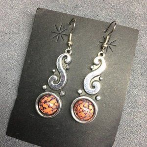 Dangle Pierced Earrings Marbled Orange Silver Swirl Retro Boho